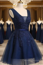 Beautiful Navy Blue Knee Length Homecoming Dress, V-Neckline Short Prom Dresses