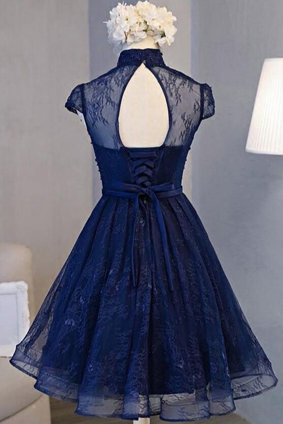 Beautiful Navy Blue Knee Length Lace Prom Dress, Homecoming Dresses