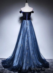 Beautiful Navy Blue Off Shoulder Long Party Dress, Long Prom Dress