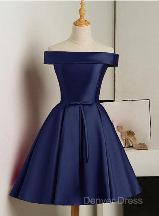 Beautiful Navy Blue Satin Knee Length Homecoming Dresses, Blue Short Prom Dresses Secondary image