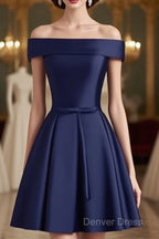 Beautiful Navy Blue Satin Knee Length Homecoming Dresses, Blue Short Prom Dresses
