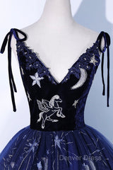 Beautiful Navy Blue Tulle Long Prom Dresses, Spaghetti Straps Lace Flower Backless Formal Dresses