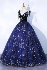 Beautiful Navy Blue Tulle Long Prom Dresses, Spaghetti Straps Lace Flower Backless Formal Dresses