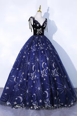 Beautiful Navy Blue Tulle Long Prom Dresses, Spaghetti Straps Lace Flower Backless Formal Dresses