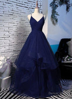 Beautiful Navy Blue Tulle Straps Long Prom Dresses,Princess Prom Gowns