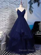 Beautiful Navy Blue Tulle V Neckline Straps Long Prom Dresses, Blue Prom Gowns