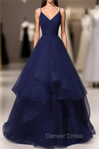 Beautiful Navy Blue Tulle V-neckline Straps Long Party Dresses, Blue Formal Gown