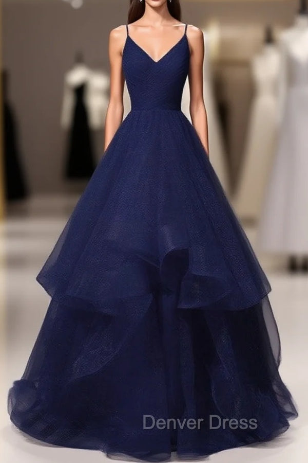 Beautiful Navy Blue Tulle V Neckline Straps Long Prom Dresses, Blue Prom Gowns Main image