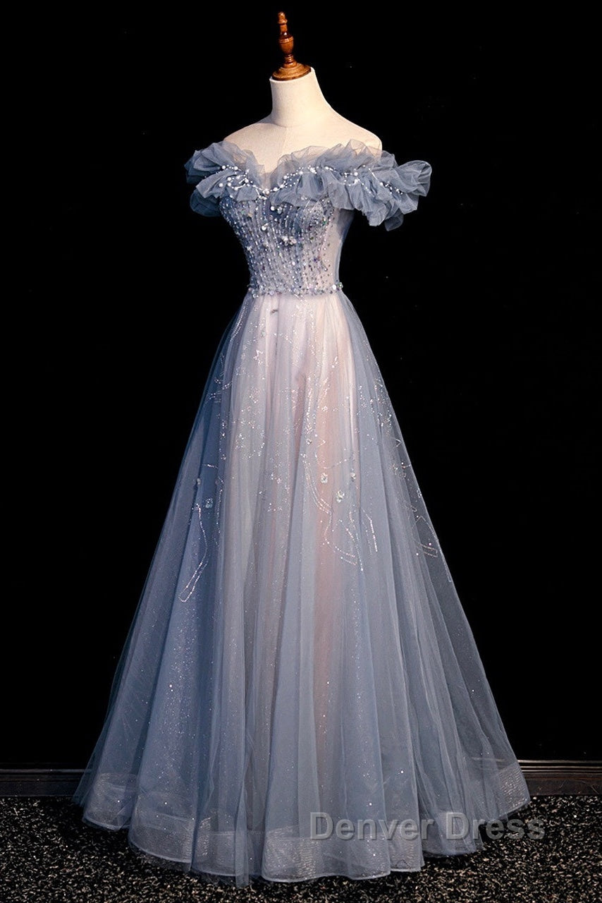 Beautiful Off Shoulder Puffy Sleeves Beaded Party Dresses Prom Dresses, Blue Evening Gown