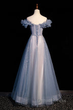 Beautiful Off Shoulder Puffy Sleeves Beaded Party Dresses Prom Dresses, Blue Evening Gown