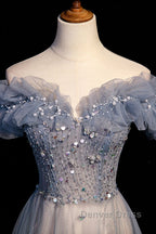 Beautiful Off Shoulder Puffy Sleeves Beaded Party Dresses Prom Dresses, Blue Evening Gown