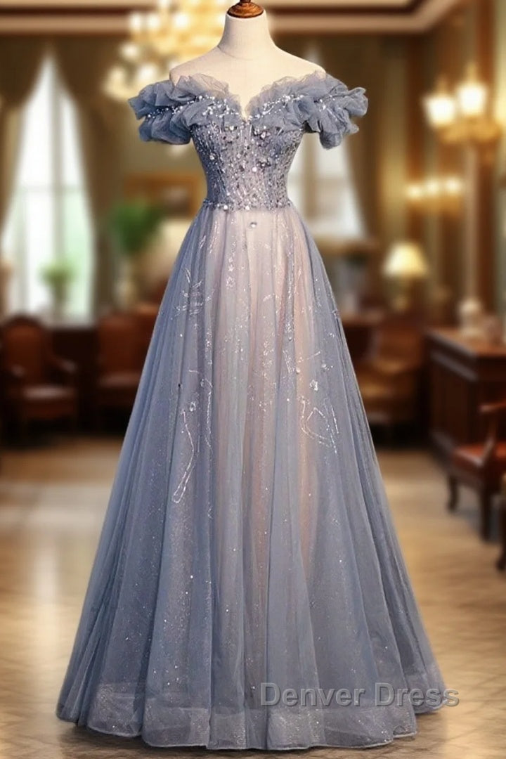 Beautiful Off Shoulder Puffy Sleeves Beaded Party Dresses Prom Dresses, Blue Evening Gown Main image