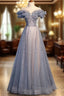 Beautiful Off Shoulder Puffy Sleeves Beaded Party Dresses Prom Dresses, Blue Evening Gown