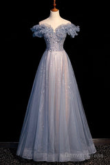 Beautiful Off Shoulder Puffy Sleeves Beaded Party Dress Prom Dress, Blue Evening Gown