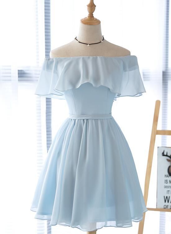 Beautiful Off Shoulder Simple Short Bridesmaid Dress, Lovely Blue Chiffon Prom Dresses Main image