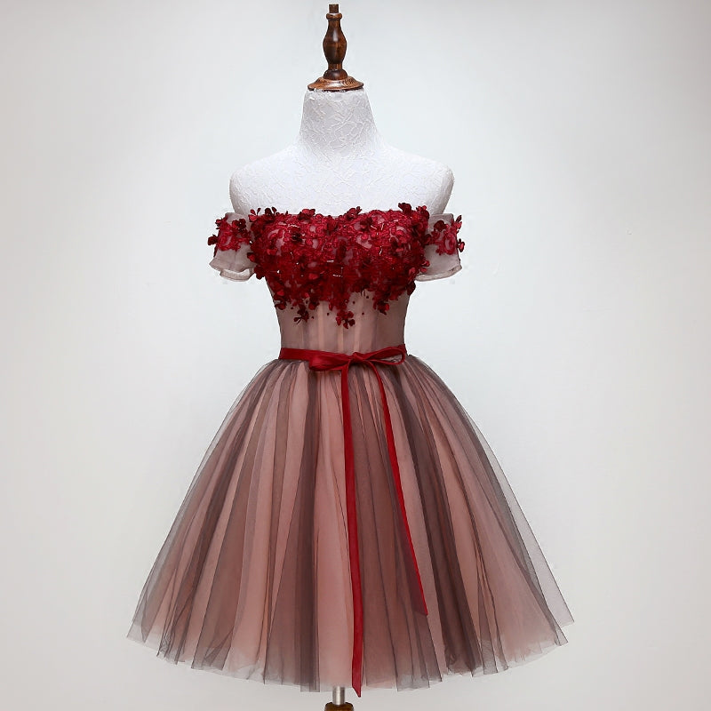 Beautiful Off Shoulder Tulle Knee Length Prom Dress , Red Homecoming Dresses With Applique Secondary image