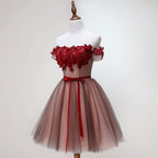 Beautiful Off Shoulder Tulle Knee Length Prom Dress , Red Homecoming Dresses With Applique