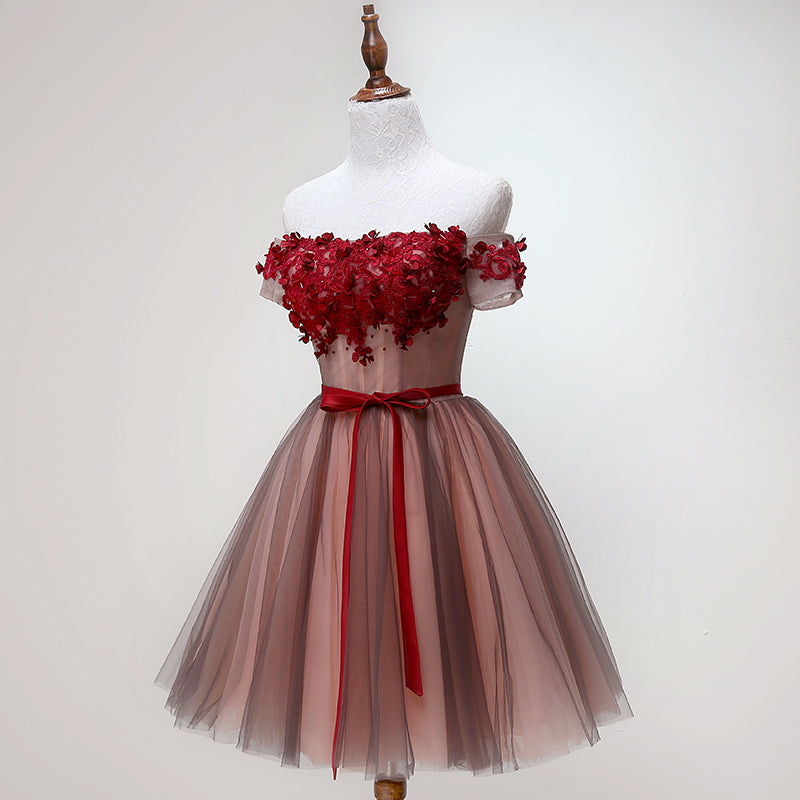 Beautiful Off Shoulder Tulle Knee Length Prom Dress , Red Homecoming Dresses With Applique