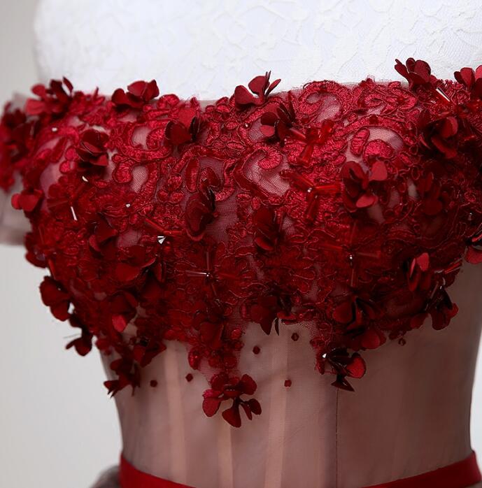 Beautiful Off Shoulder Tulle Knee Length Prom Dress , Red Homecoming Dresses With Applique