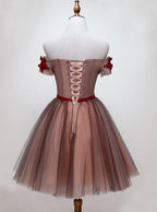 Beautiful Off Shoulder Tulle Knee Length Prom Dress , Red Homecoming Dresses With Applique