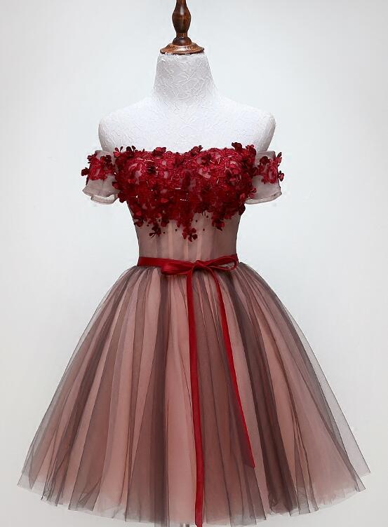 Beautiful Off Shoulder Tulle Knee Length Prom Dress , Red Homecoming Dresses With Applique Main image