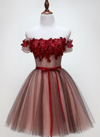 Beautiful Off Shoulder Tulle Knee Length Prom Dress , Red Homecoming Dresses With Applique
