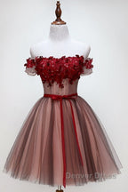 Beautiful Off Shoulder Tulle Knee Length Prom Dress , Red Homecoming Dresses With Applique
