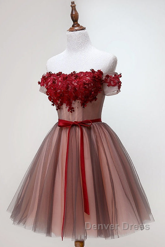 Beautiful Off Shoulder Tulle Knee Length Prom Dress , Red Homecoming Dresses With Applique