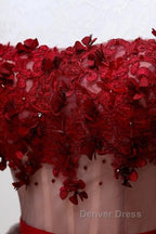 Beautiful Off Shoulder Tulle Knee Length Prom Dress , Red Homecoming Dresses With Applique