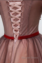 Beautiful Off Shoulder Tulle Knee Length Prom Dress , Red Homecoming Dresses With Applique