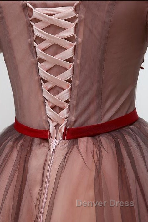 Beautiful Off Shoulder Tulle Knee Length Prom Dress , Red Homecoming Dresses With Applique