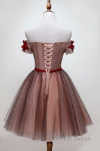 Beautiful Off Shoulder Tulle Knee Length Prom Dress , Red Homecoming Dresses With Applique