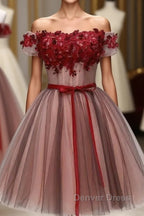 Beautiful Off Shoulder Tulle Knee Length Prom Dress , Red Homecoming Dresses With Applique