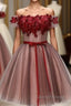 Beautiful Off Shoulder Tulle Knee Length Prom Dress , Red Homecoming Dresses With Applique