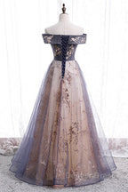 Beautiful Off Shoulder Tulle With Lace Long Evening Gown, Floor Length Prom Dresses