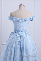 Beautiful Off The Shoulder Blue Prom Dresses Lace Applique,  High Low Prom Dresses