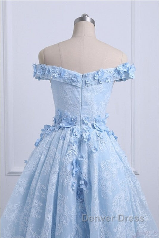 Beautiful Off The Shoulder Blue Prom Dresses Lace Applique,  High Low Prom Dresses