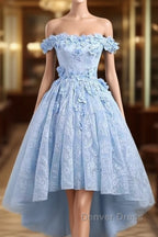 Beautiful Off The Shoulder Blue Prom Dresses Lace Applique,  High Low Prom Dresses