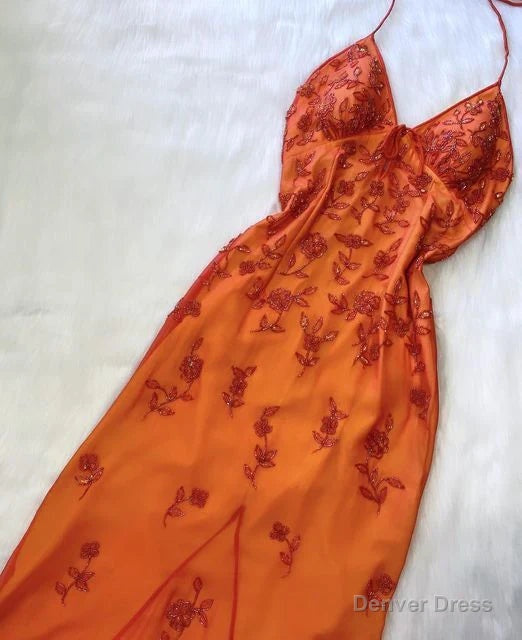 Beautiful Orange Straps Beaded Long Prom Dress