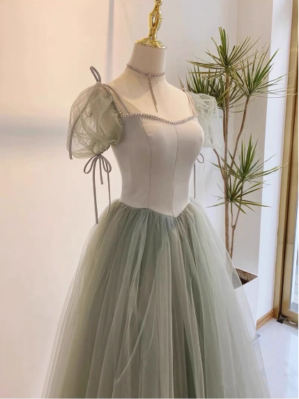 Beautiful Pea Green A-Line Square Neck Puff Sleeve Tulle Long Prom Dresses Evening Dresses Bridesmaid Dresses