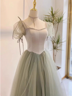 Beautiful Pea Green A-Line Square Neck Puff Sleeve Tulle Long Prom Dresses Evening Dresses Bridesmaid Dresses