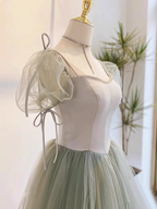Beautiful Pea Green A-Line Square Neck Puff Sleeve Tulle Long Prom Dresses Evening Dresses Bridesmaid Dresses