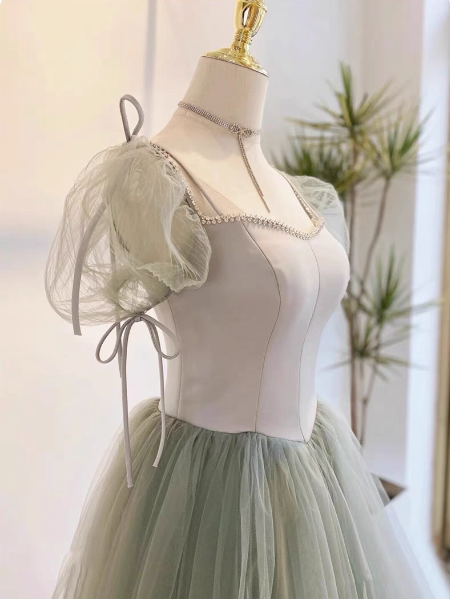Beautiful Pea Green A-Line Square Neck Puff Sleeve Tulle Long Prom Dresses Evening Dresses Bridesmaid Dresses