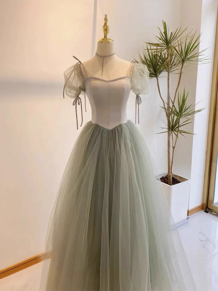 Beautiful Pea Green A-Line Square Neck Puff Sleeve Tulle Long Prom Dresses Evening Dresses Bridesmaid Dresses Main image