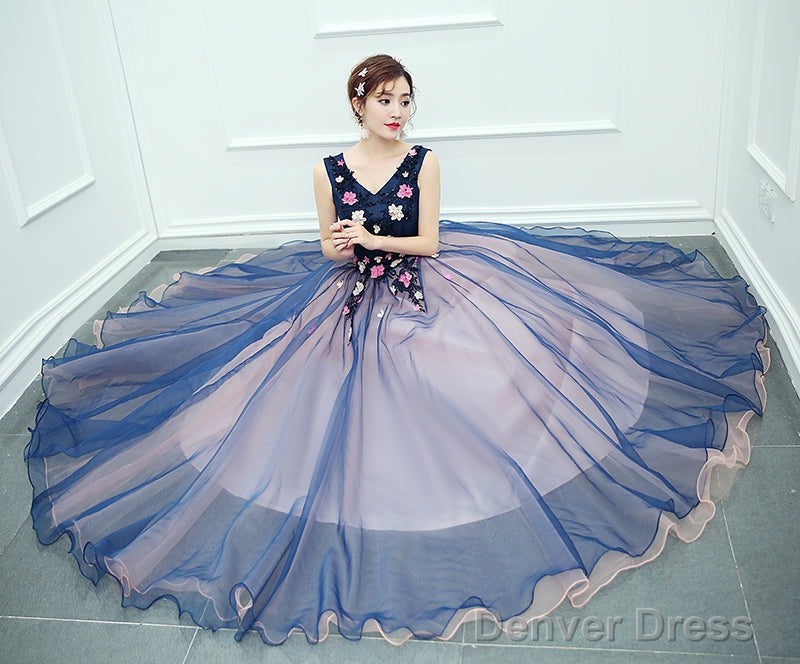 Beautiful Pink And Blue Organza Long Party Dress, Sweet 16 Gown
