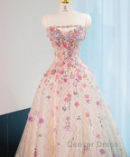 Beautiful Pink Beaded Flowers A-Line Strapless Long Prom Dresses Gorgeous Formal Evening Dresses