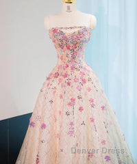 Beautiful Pink Beaded Flowers A-Line Strapless Long Prom Dresses Gorgeous Formal Evening Dresses