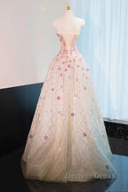 Beautiful Pink Beaded Flowers A-Line Strapless Long Prom Dresses Gorgeous Formal Evening Dresses