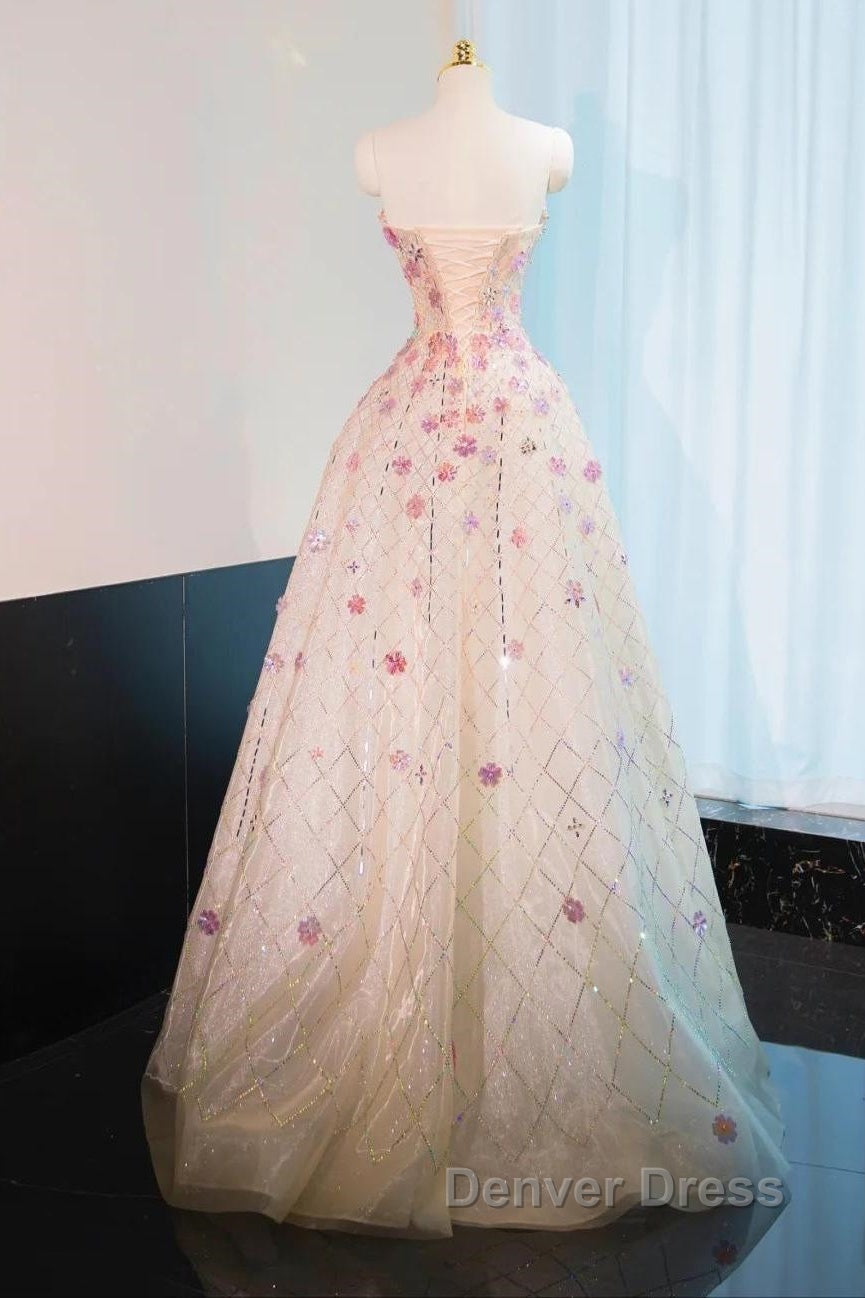 Beautiful Pink Beaded Flowers A-Line Strapless Long Prom Dresses Gorgeous Formal Evening Dresses