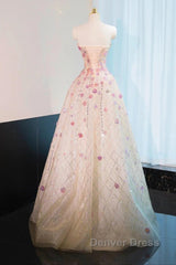 Beautiful Pink Beaded Flowers A-Line Strapless Long Prom Dresses Gorgeous Formal Evening Dresses